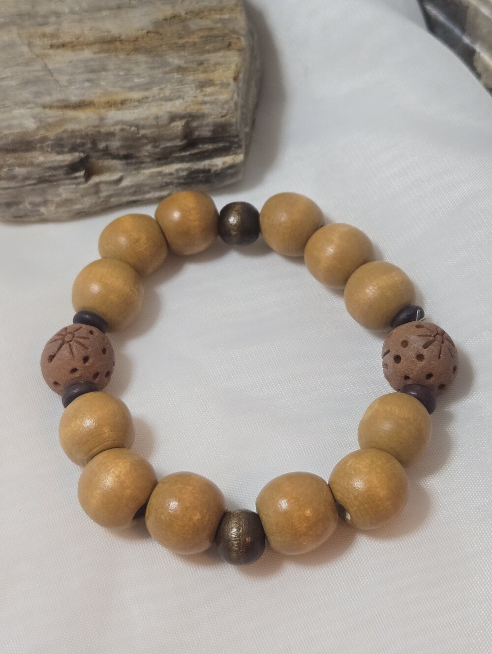 Wood Bead Stretch Bracelet in Honey Brown with Carved Accents